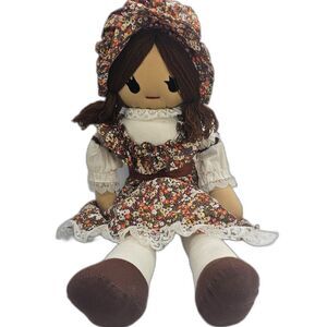Vtg Kamar Style Rag Doll Handmade Brown Hair Bonnet Floral Prairie Dress 21"